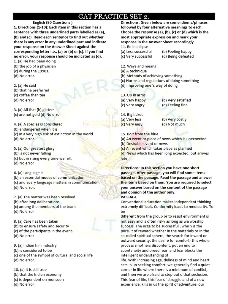 GAT Practice Set - 2 | PDF | Mass | Light