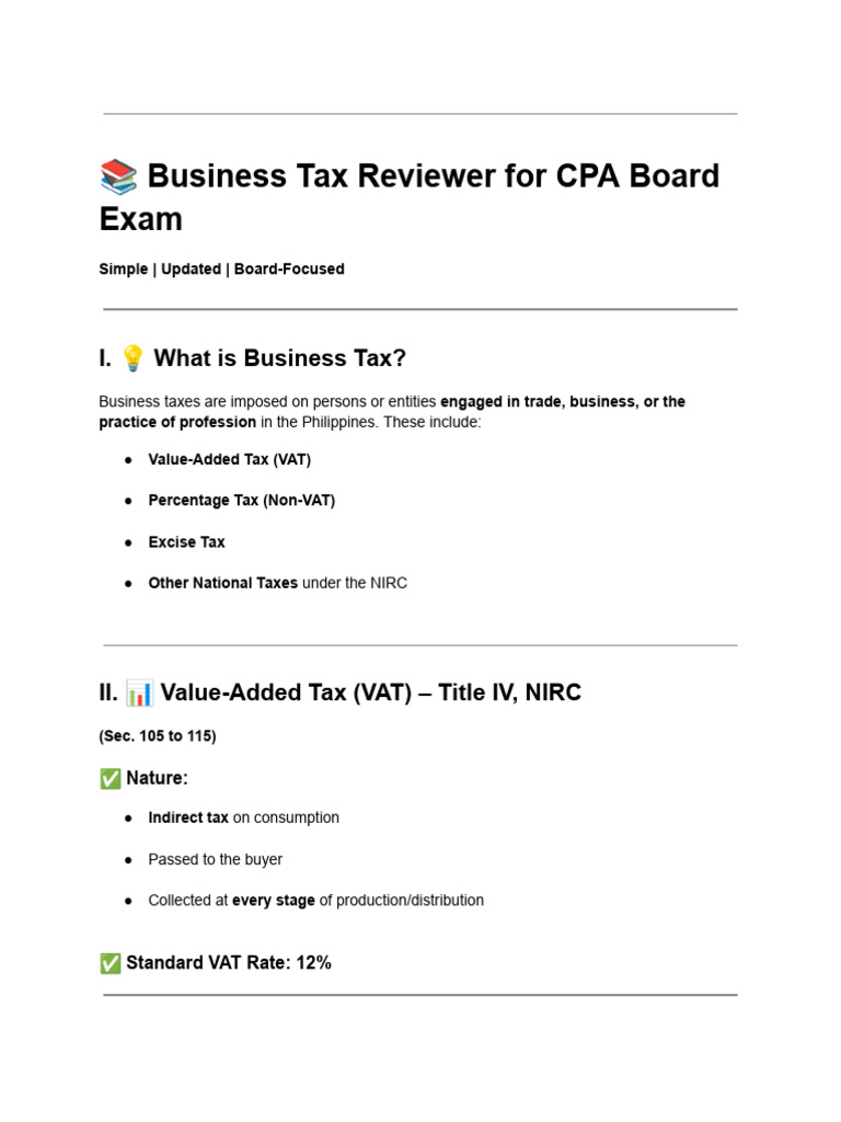Business Tax Reviewer for CPA Exam | PDF | Value Added Tax | Taxes