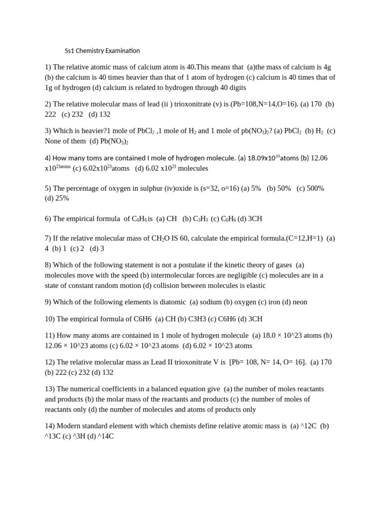 SS1 Chemistry Exam Questions and Answers | PDF | Gases | Molecules