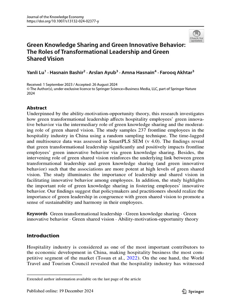 Green Leadership and Innovation in Hospitality | PDF | Leadership ...