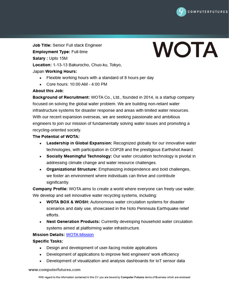WOTA - Senior Full Stack Engineer | PDF | Internet Of Things | Computing