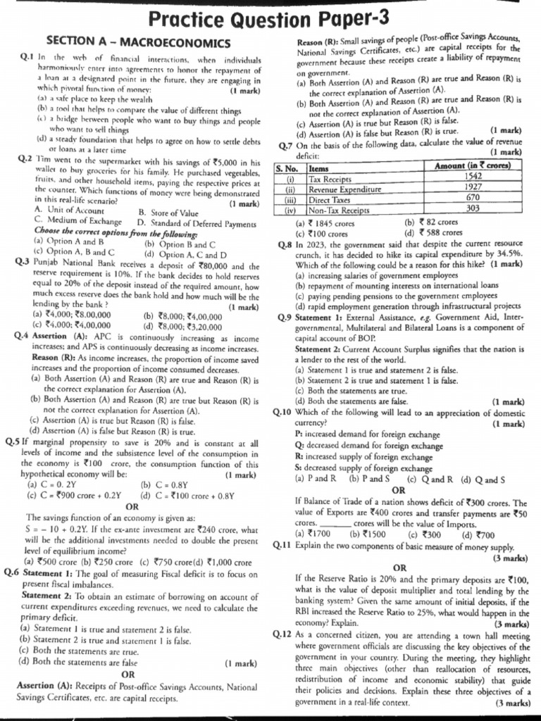 12th Economics - Practise Paper 3 | PDF