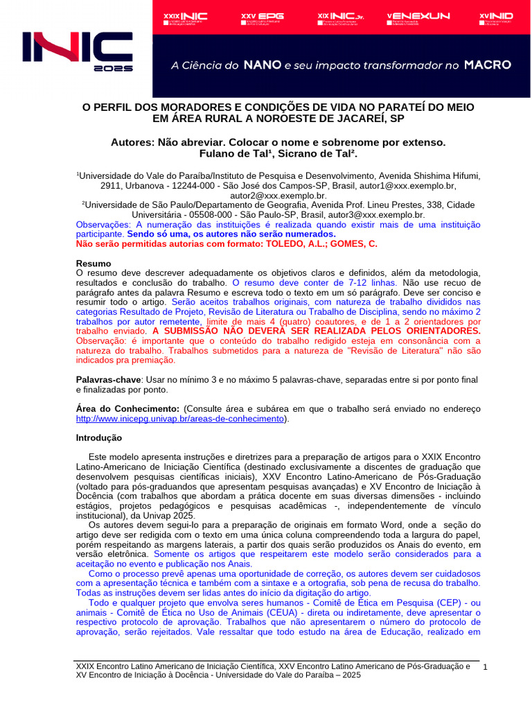 Diretrizes para Artigos INIC 2025 | PDF | Abstract (resumo) | Pós-graduação