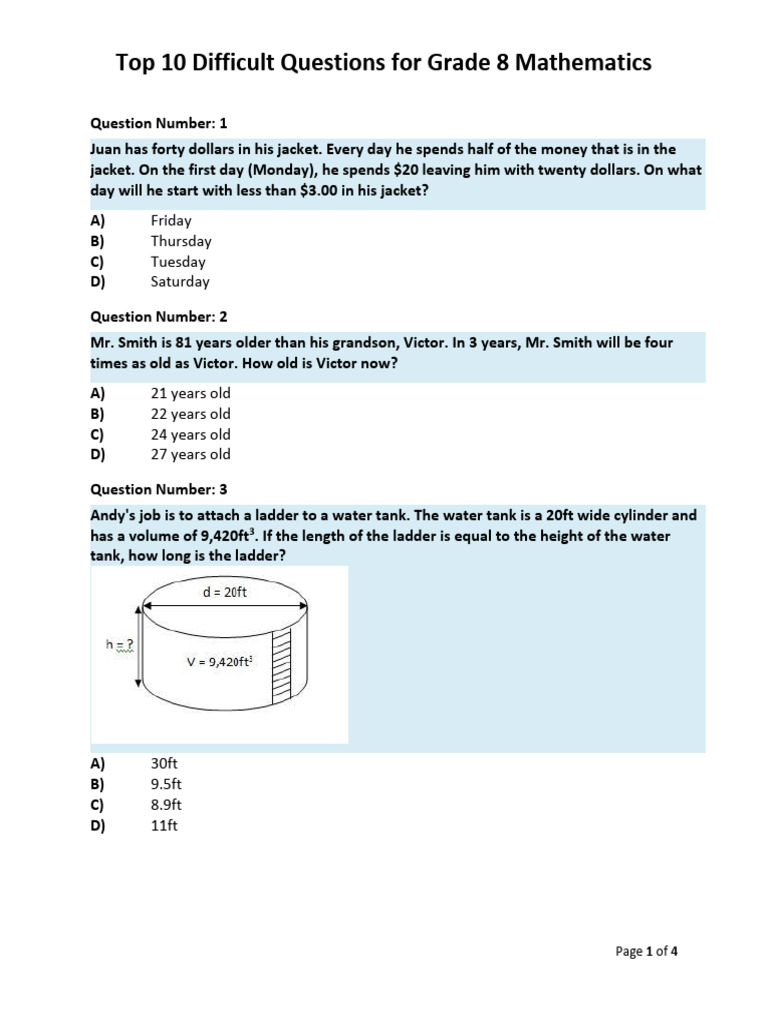 Top 10 Challenging Grade 8 Math Questions | PDF | Mathematical Concepts ...