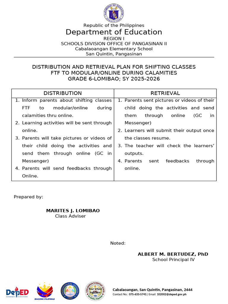 Calamity Class Shift Plan for Grade 6 | PDF