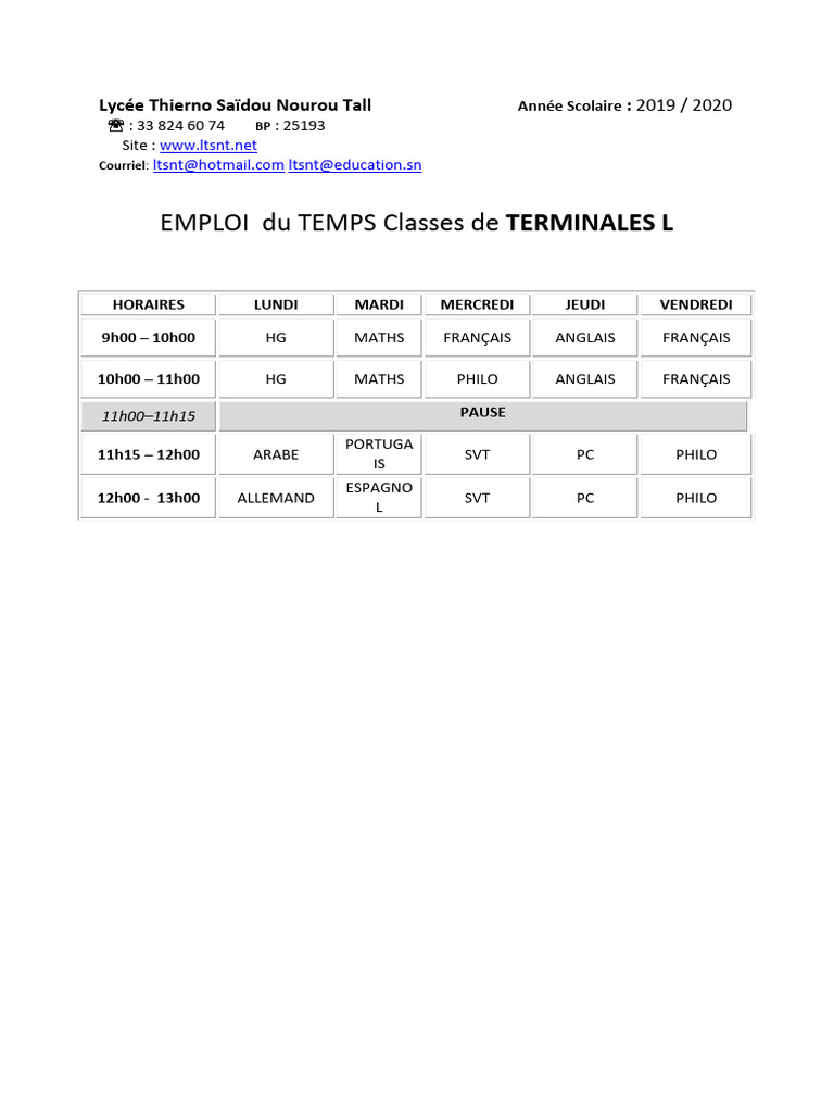Emploi du Temps Terminales L 2019/2020 | PDF