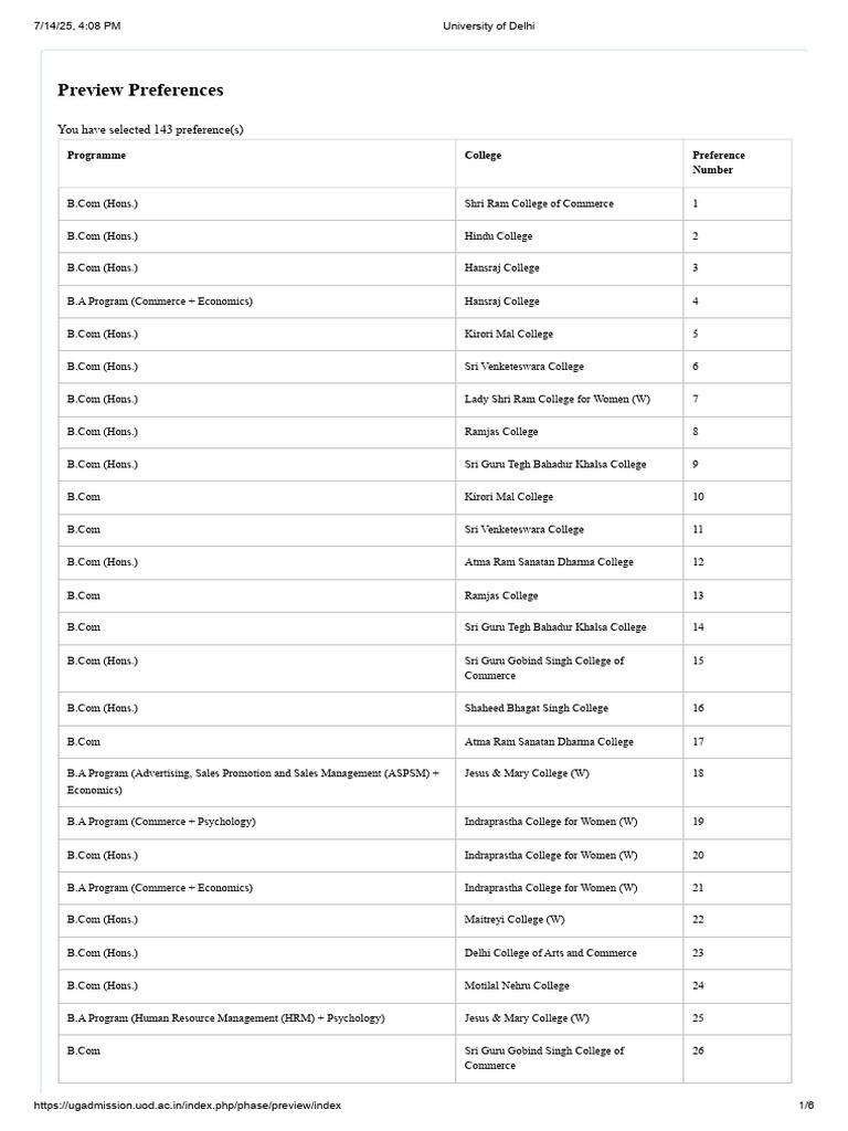 Delhi University College Preferences | PDF