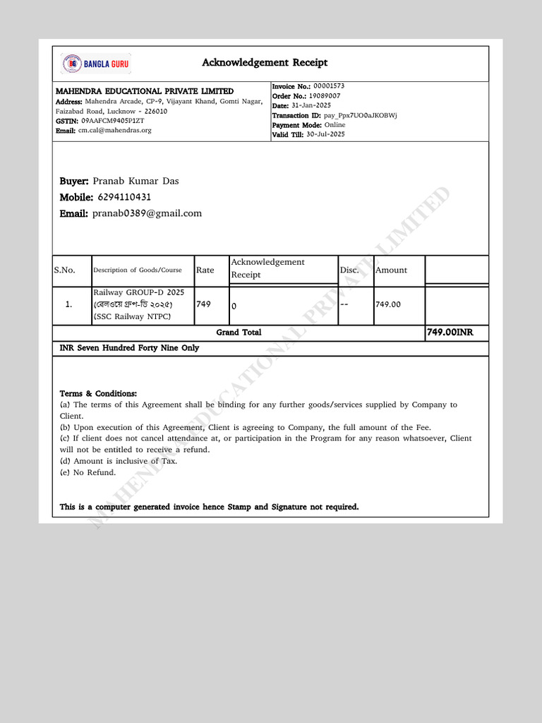 Acknowledgement Receipt for Course Payment | PDF | Receipt | Government ...