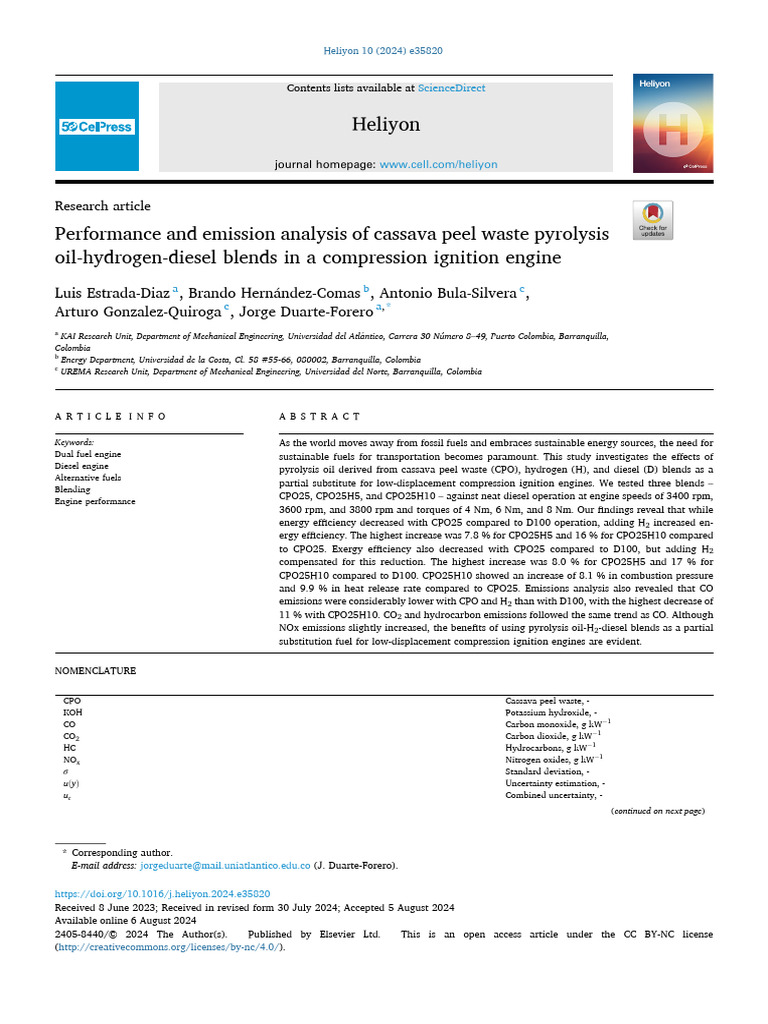 Cassava Peel Pyrolysis Oil in Diesel Blends | PDF | Biodiesel | Engines