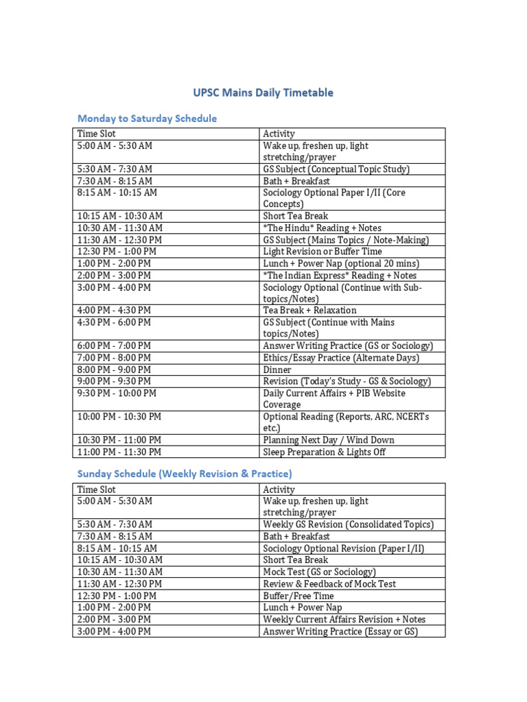 UPSC Mains Daily Study Schedule | PDF