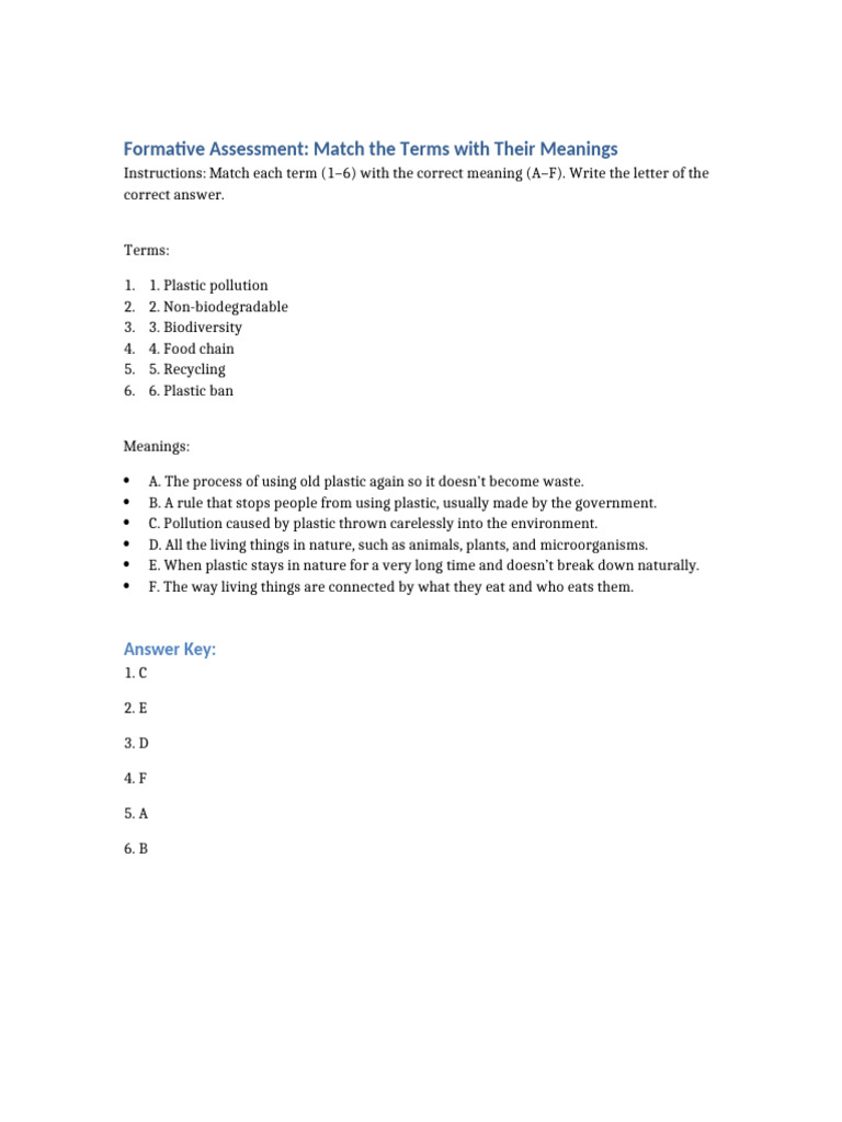 Formative Assessment Matching Plastic Pollution | PDF