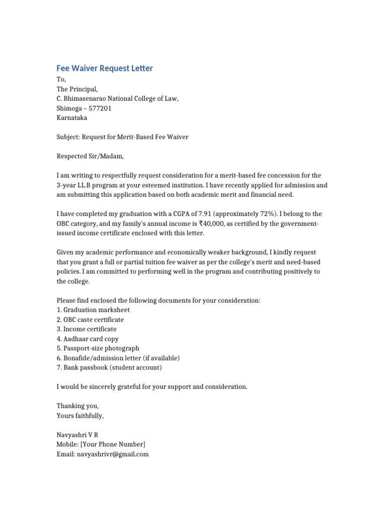 Fee Waiver Request Letter Navyashri | PDF