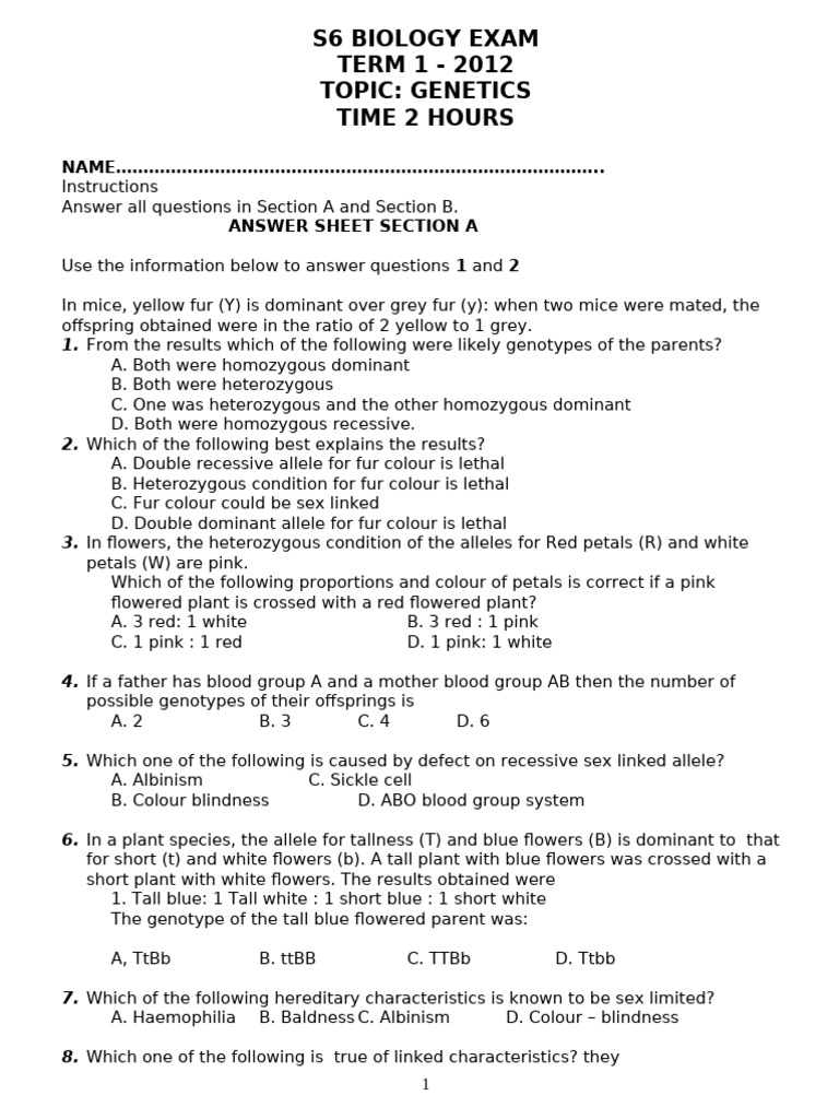 s6 Biology Test 1 Genetics | PDF | Dominance (Genetics) | Allele