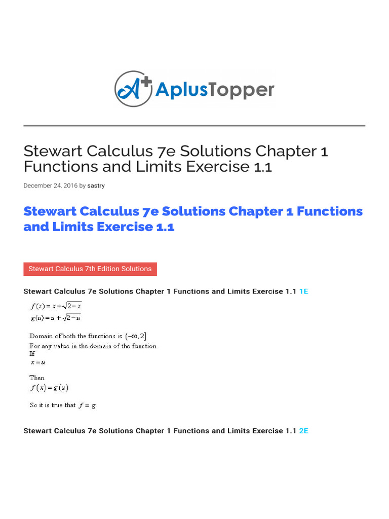 Calculus 7e Exercise 1.1 Solutions | PDF