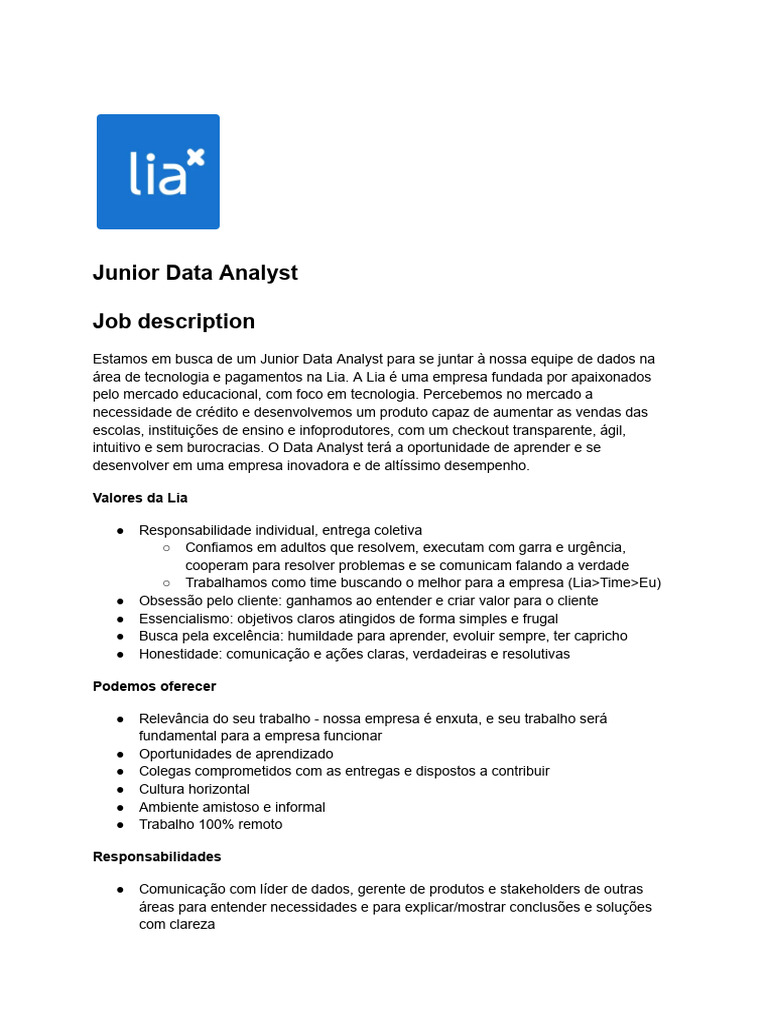 Vaga: Junior Data Analyst na Lia | PDF | Comunicação