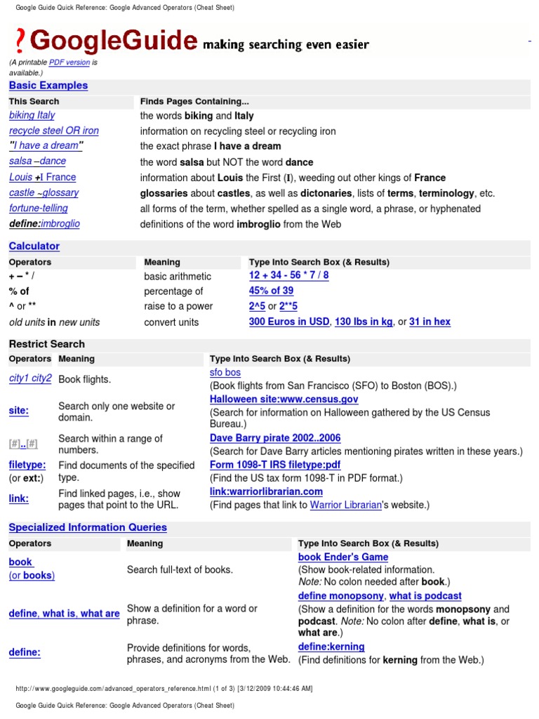 Google Guide Quick Reference - Google Advanced Operators (Cheat Sheet ...