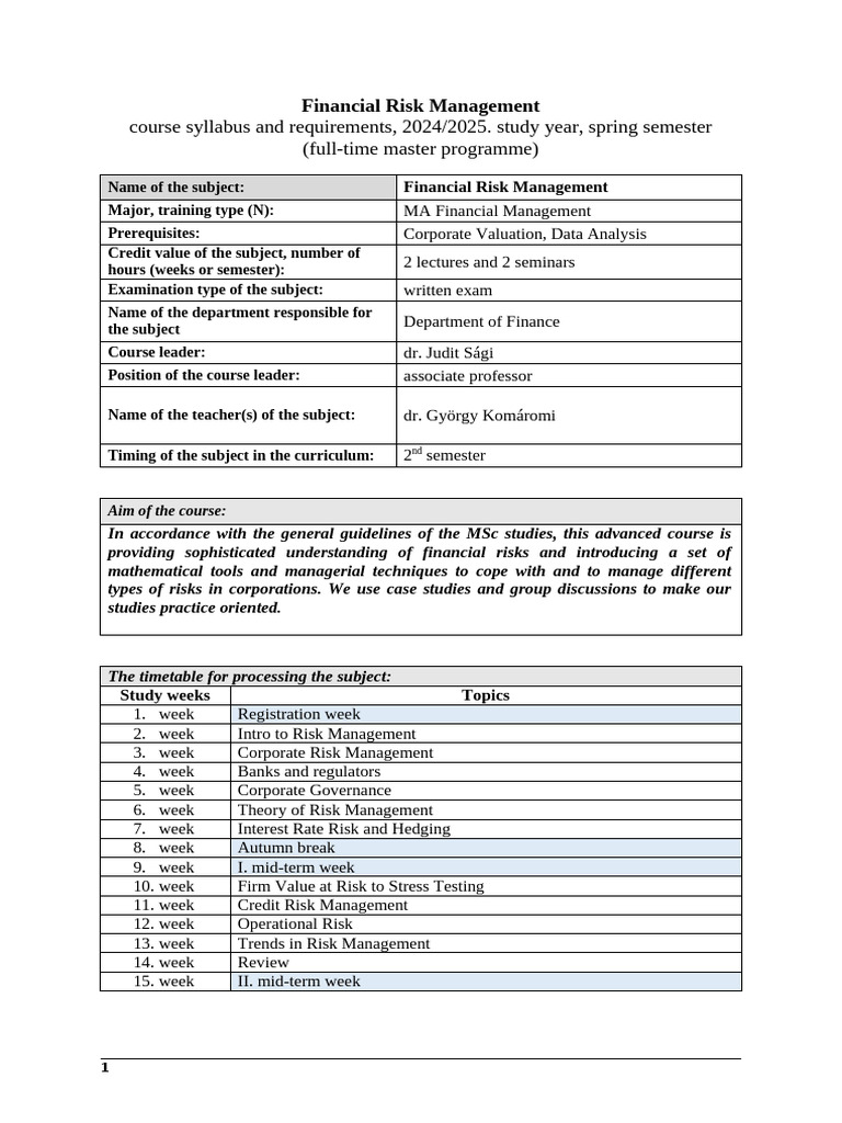 Financial Risk Management Syllabus 2024/25 | PDF | Risk