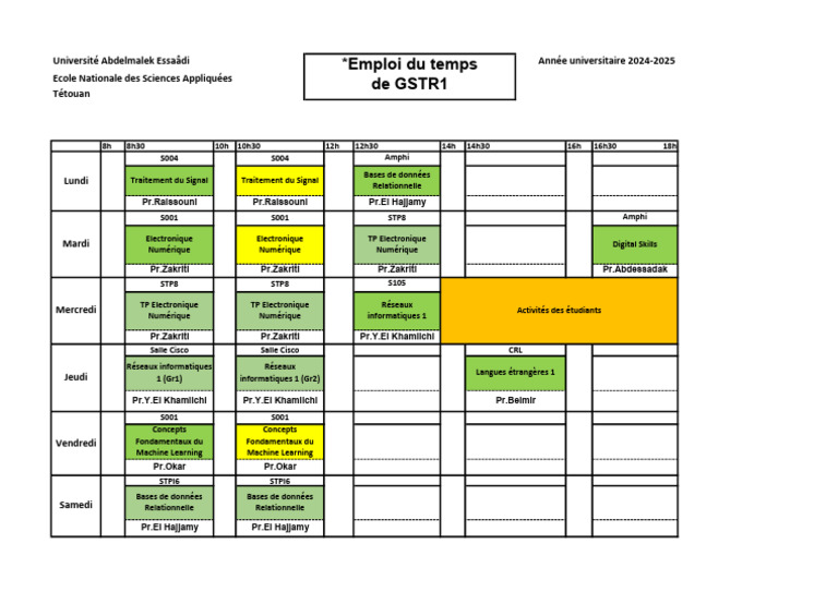 Emploi du temps 2024-2025 ENSA Tétouan | PDF | Informatique | Gestion ...