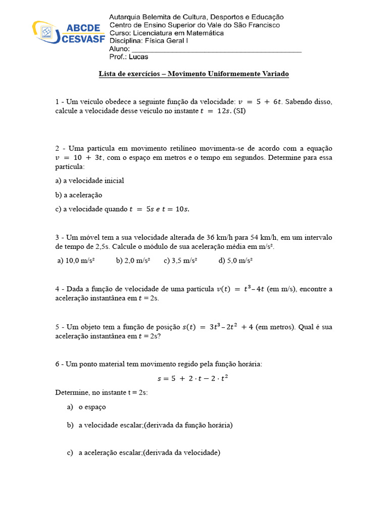Exercícios sobre Movimento Uniformemente Variado | PDF