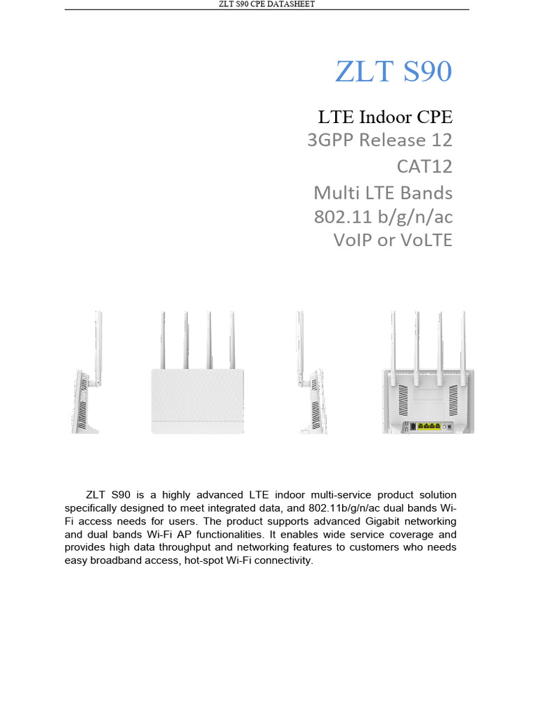 ZLT S90 LTE Indoor CPE Overview | PDF | Wi Fi | Lte (Telecommunication)