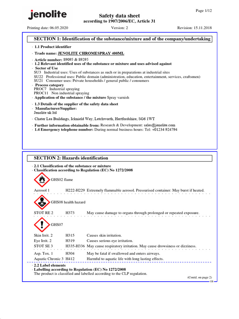Jenolite Chrome Spray v2 | PDF | Toxicity | Occupational Safety And Health