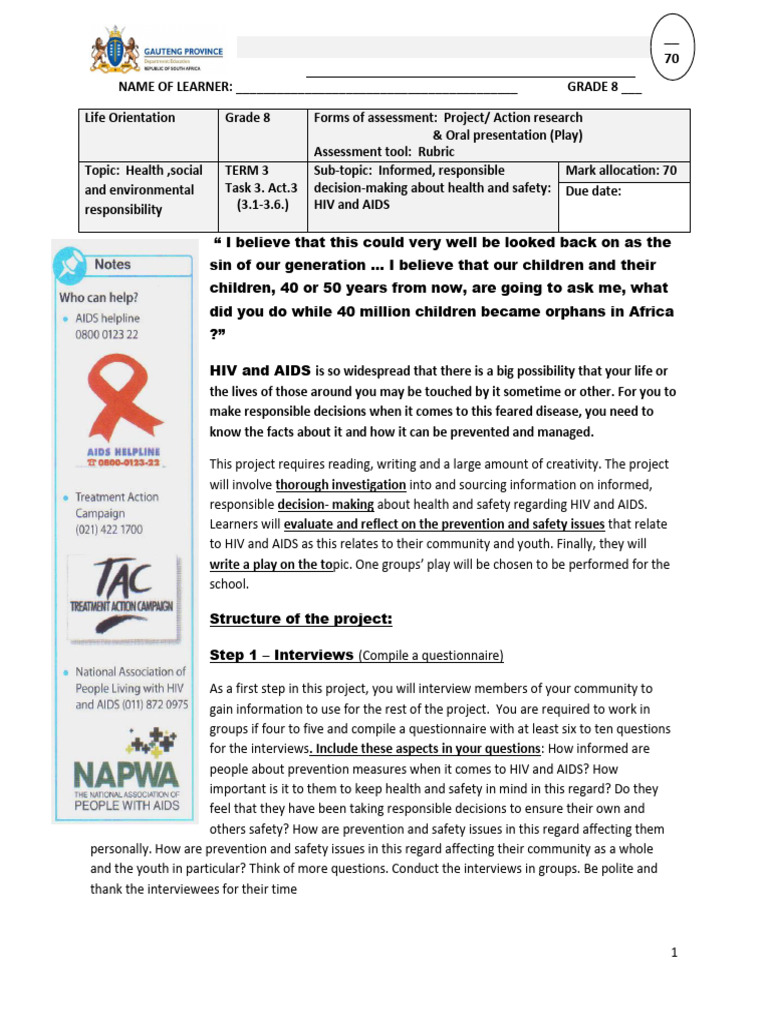 Grade 8 Project on HIV and AIDS Safety | PDF | Interview | Decision Making