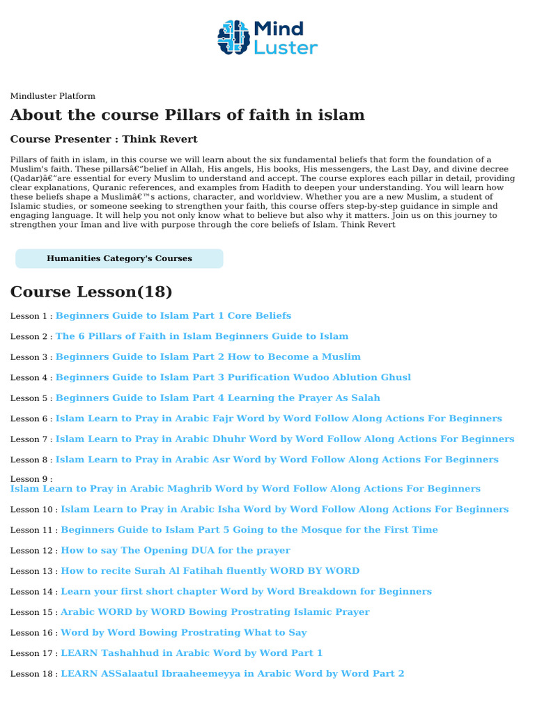 Pillars of Faith in Islam Course Content | PDF | Islamic Jurisprudence ...