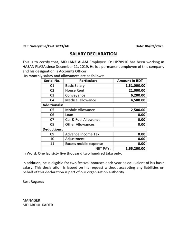 Salary Statement for MD Jane Alam | PDF