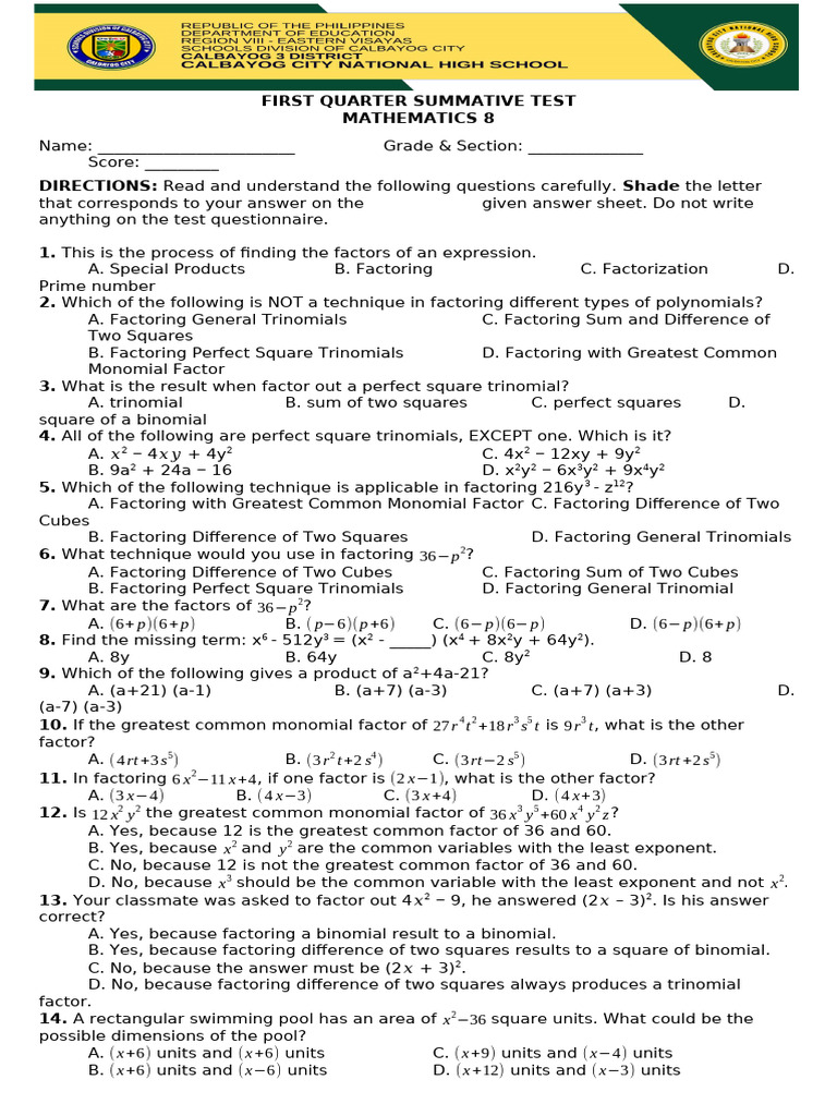 Math 8 Quarter 1 Summative Test | PDF | Factorization | Cartesian ...