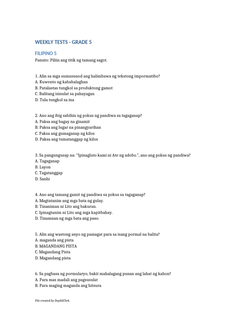 Grade 5 Weekly Test Week6 DepEdClick | PDF
