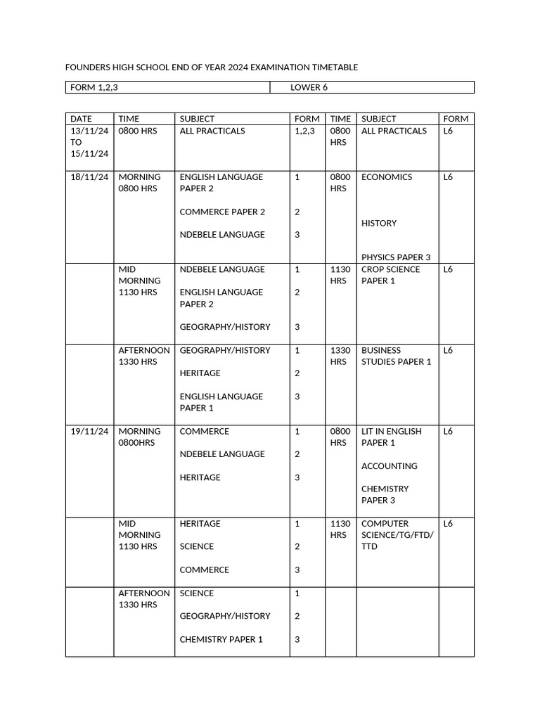 2024 Founders High School Exam Timetable | PDF | Science | Inquiry