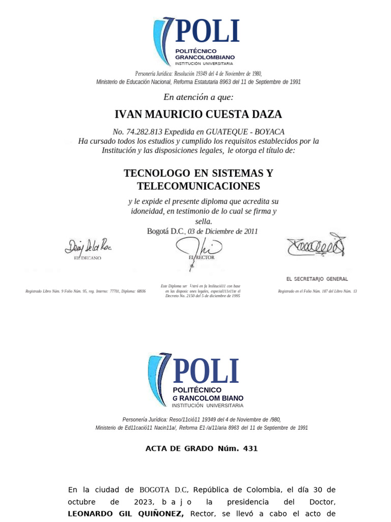 Diploma y Acta Tegnologo Sistemas Telecomunicaciones Politecnico ...