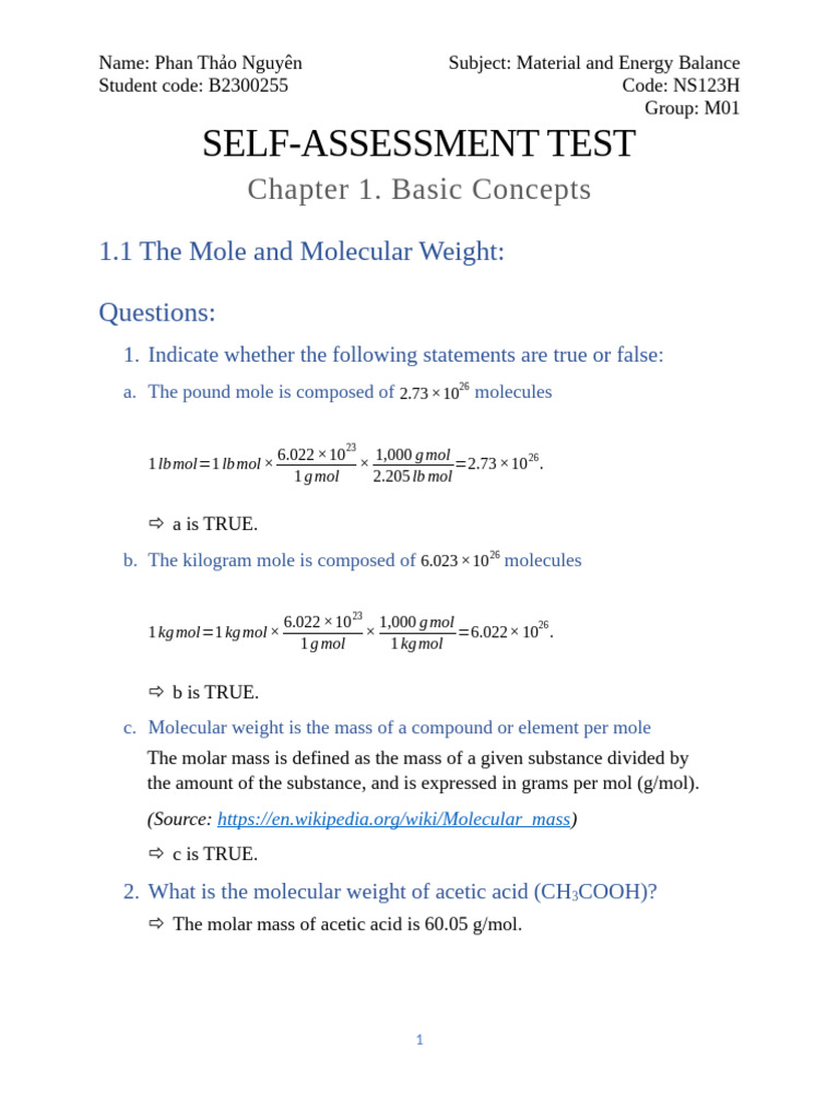 Material and Energy Balance Self-Assessment | PDF | Mole (Unit) | Parts ...