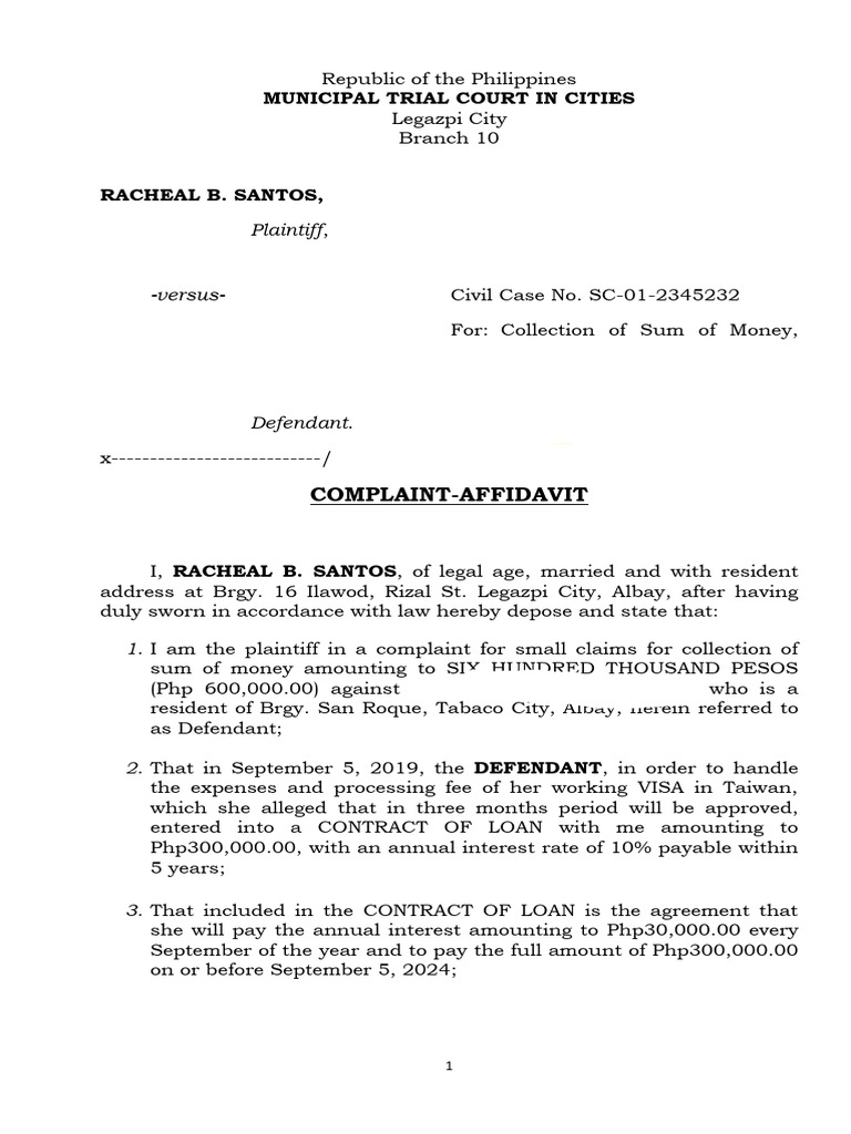 Complaint for Loan Collection Case | PDF | Affidavit | Justice