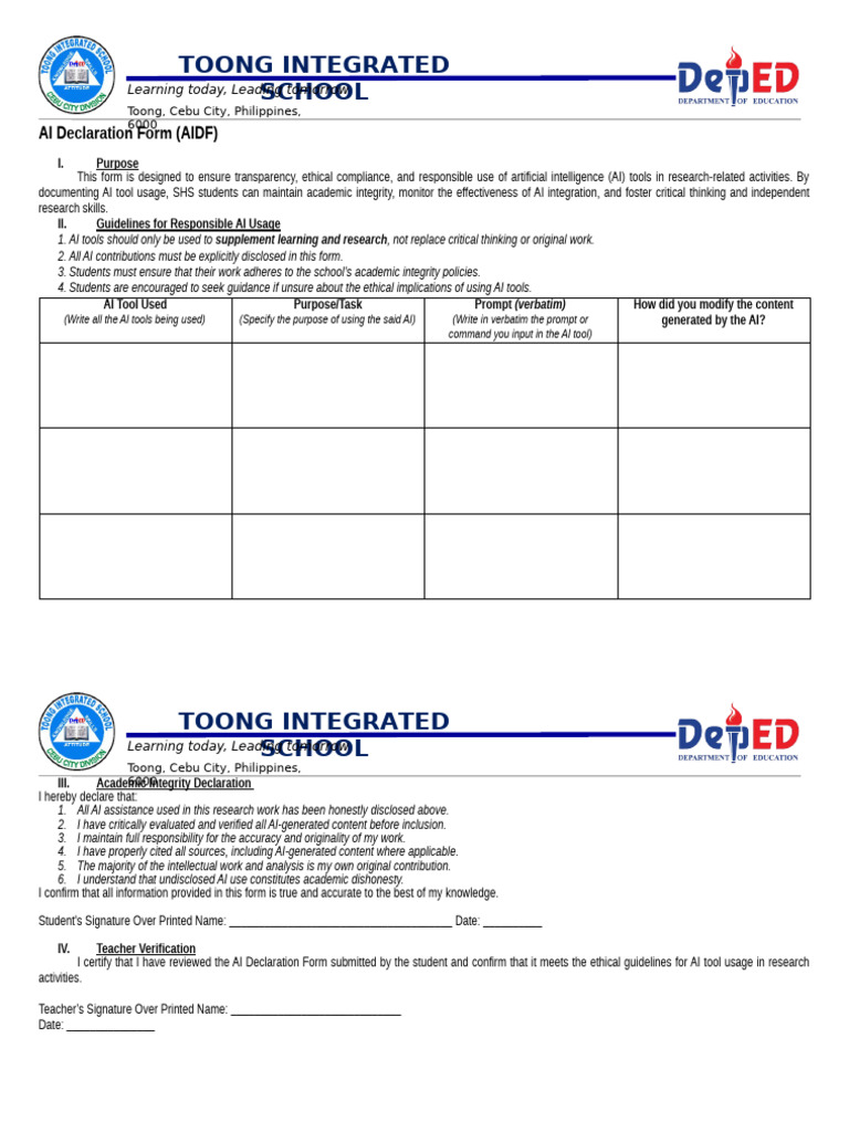 AI Declaration Form for Students | PDF | Artificial Intelligence ...