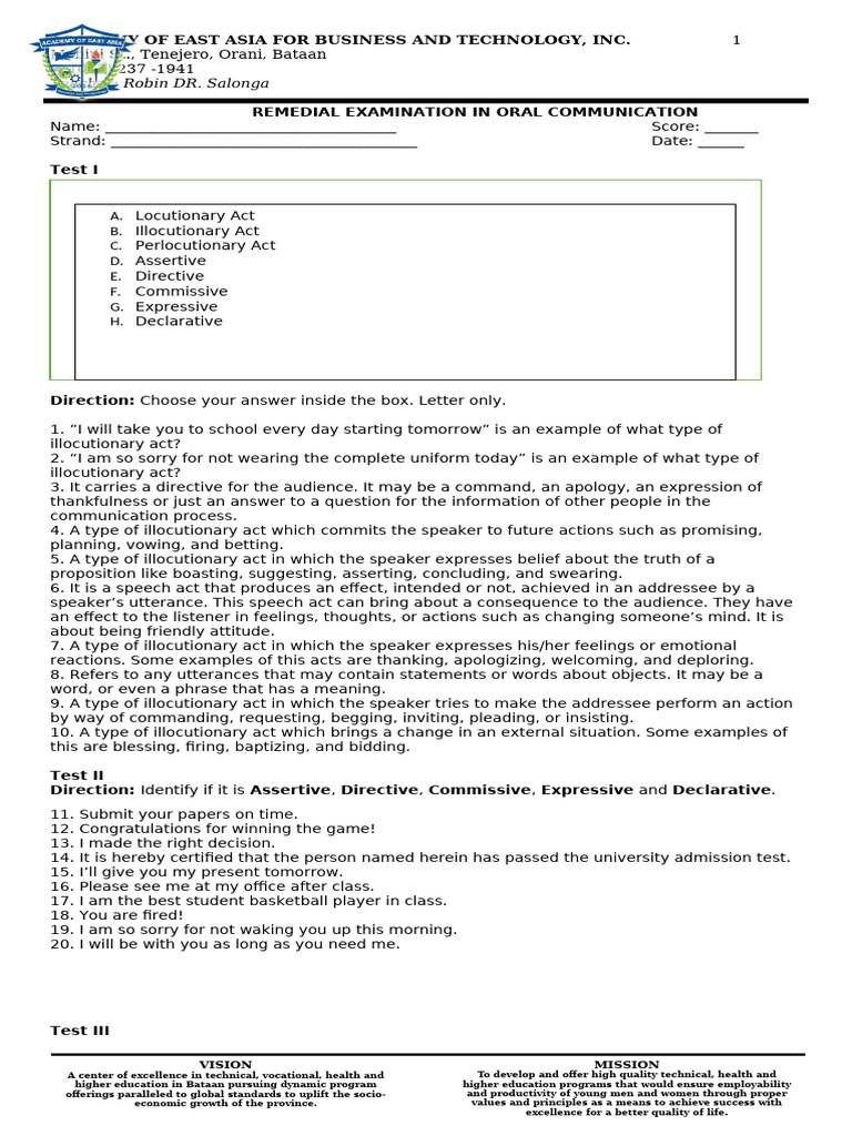 Remedial Exam in Oral Communication | PDF | Communication | Human ...