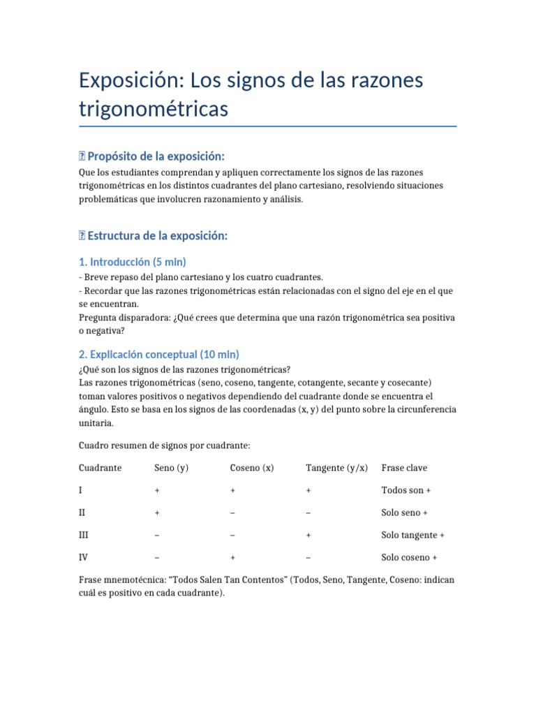 Signos de razones trigonométricas por cuadrante | PDF | Trigonometría ...