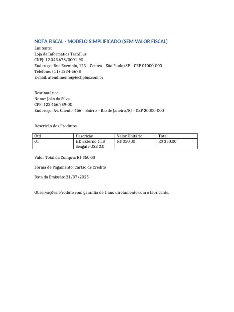 Nota Fiscal Simplificada - TechPlus | PDF