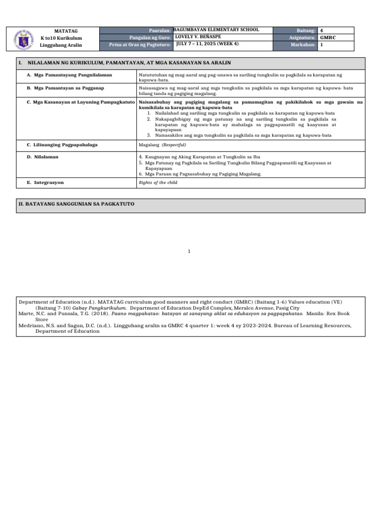DLL Matatag - GMRC 4 q1 w4 | PDF