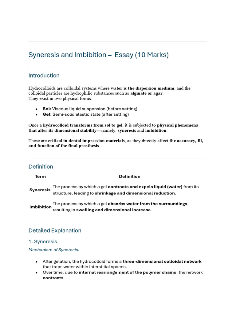 Syneresis and Imbibition in Dentistry | PDF | Colloid | Gel