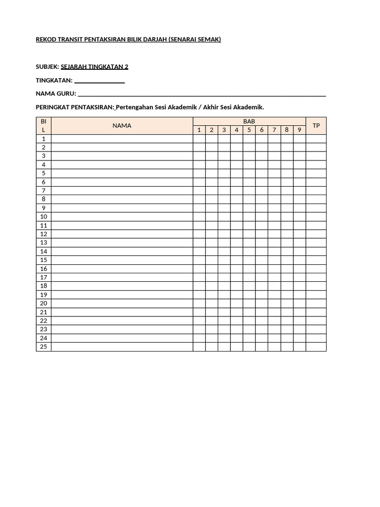 REKOD TRANSIT PBD Sejarah Tingkatan 2 (Senarai Semak) | PDF