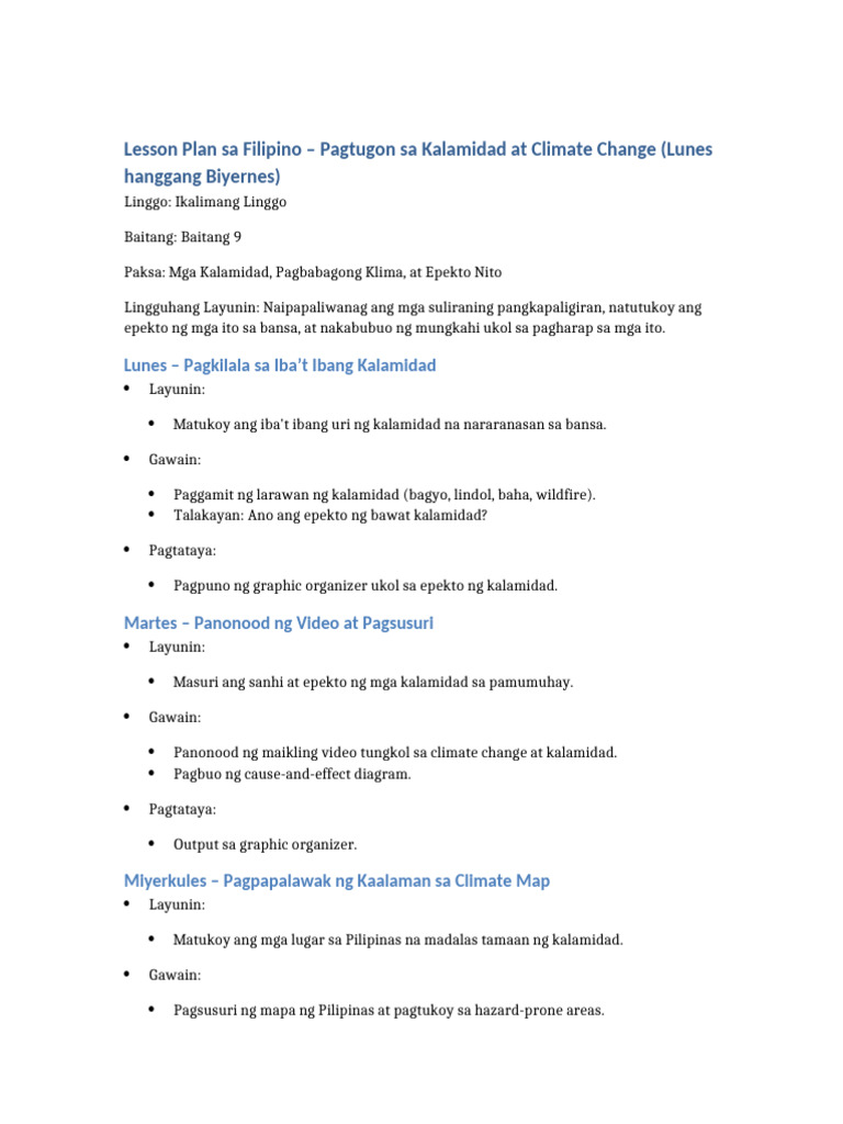 Lesson Plan Climate Change Epekto Sa Pilipinas | PDF