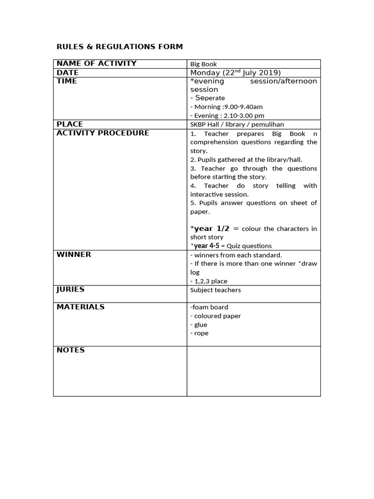 Rules & Regulation Activity Form (Big Book) | PDF