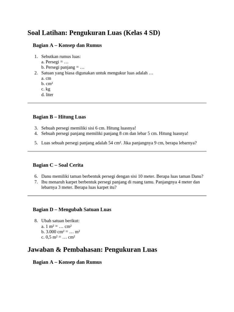 Soal Pengukuran Luas untuk Kelas 4 SD | PDF