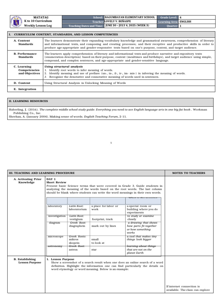 English 4 Weekly Lesson Plan: Week 3 | PDF | Reading Comprehension | Word