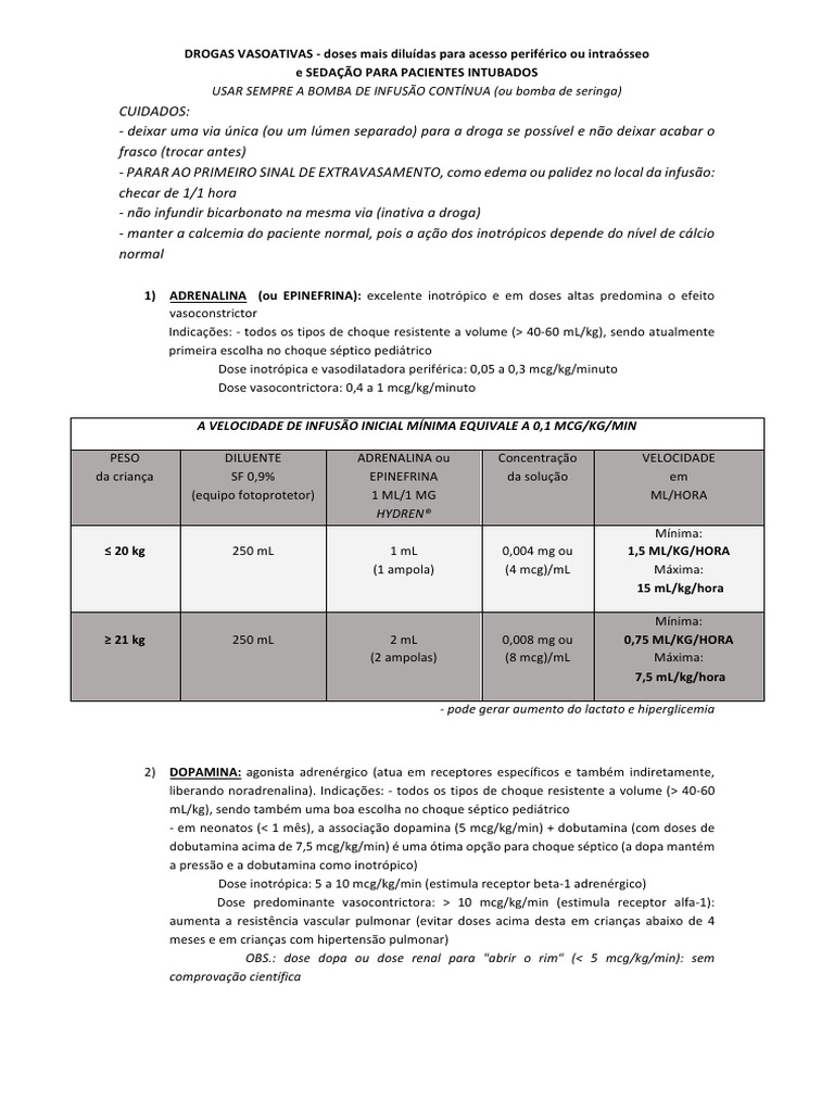Infusão de Drogas Vasoativas em Pediatria | PDF | Especialidades ...