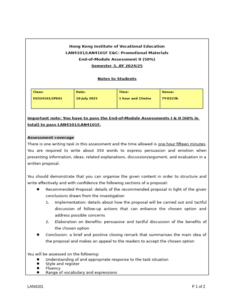 LAN4101 EAII Notes To Students 2425 S3 2PE01 | PDF