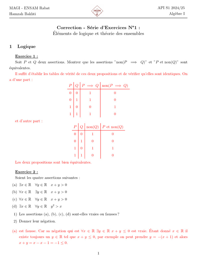 Correction Exercices Logique et Ensembles | PDF | Logique mathématique ...