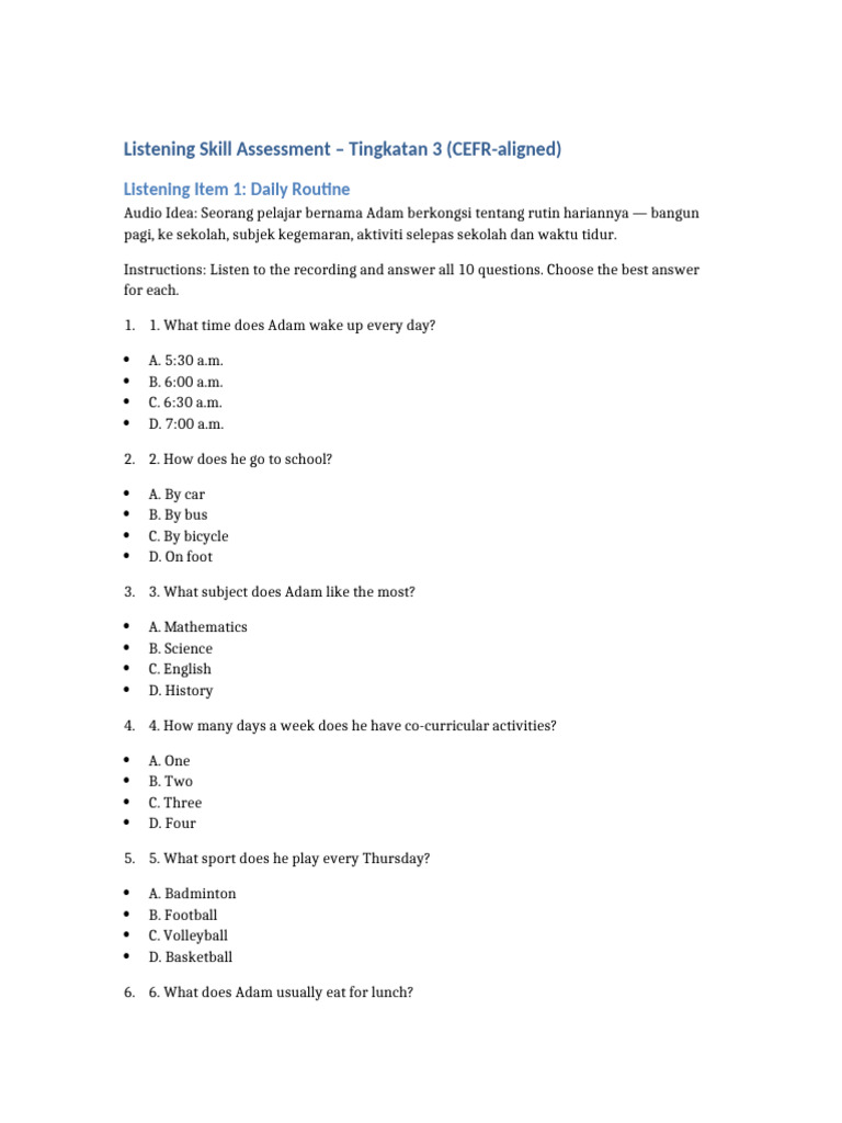 Listening Skills Assessment for Tingkatan 3 | PDF | Chess | Chess Theory
