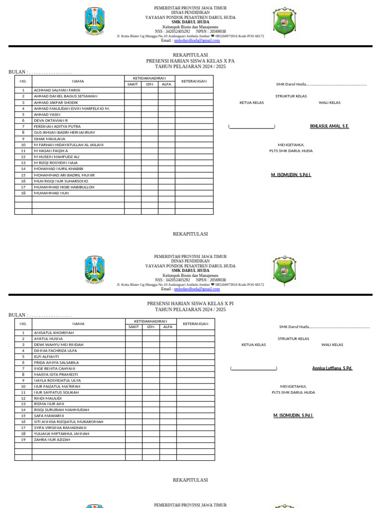 Rekap Presensi Siswa SMK Darul Huda | PDF